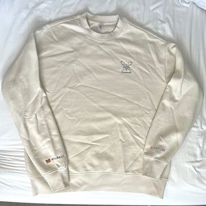 80% cotton 20% polyester. Never worn. Never washed. Super soft on the inside.